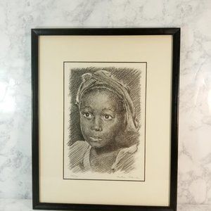 Pencil Drawing of Doe-Eyed Seeing Little Girl Of African Descent Wearing Scarf o